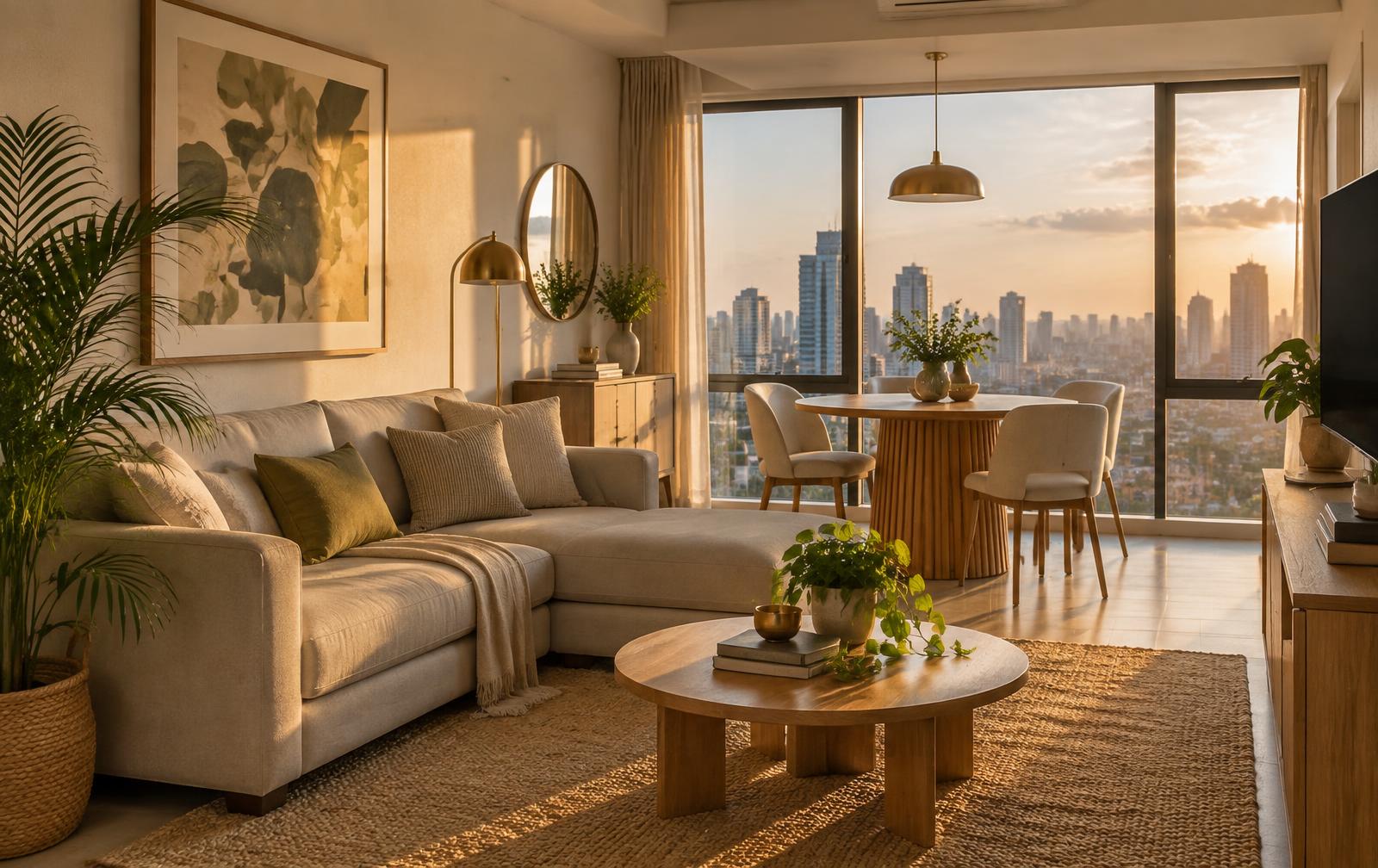 Sunlit condo living room with a Manila skyline view